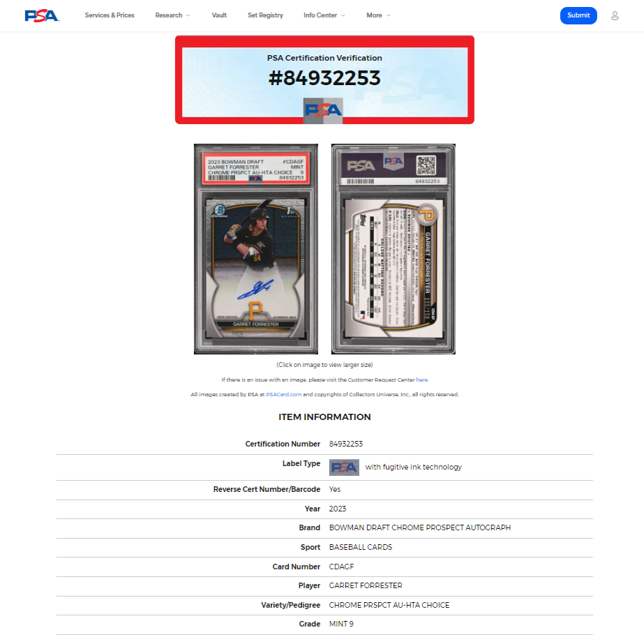 2023 1st Bowman Draft Garret Forrester Choice Mojo On Card Auto SP /150 PSA 9