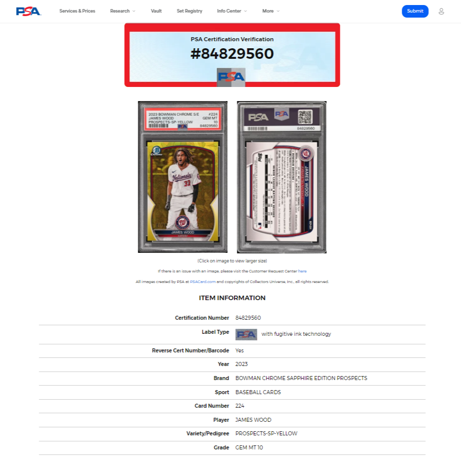 2023 Bowman Chrome Sapphire JAMES WOOD Yellow SP Variation /50 PSA 10 GEM