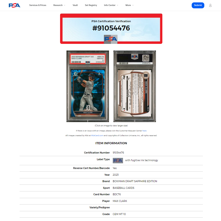 2023 Bowman Draft Sapphire MAX CLARK 1st True Refractor Rookie Card RC PSA 10