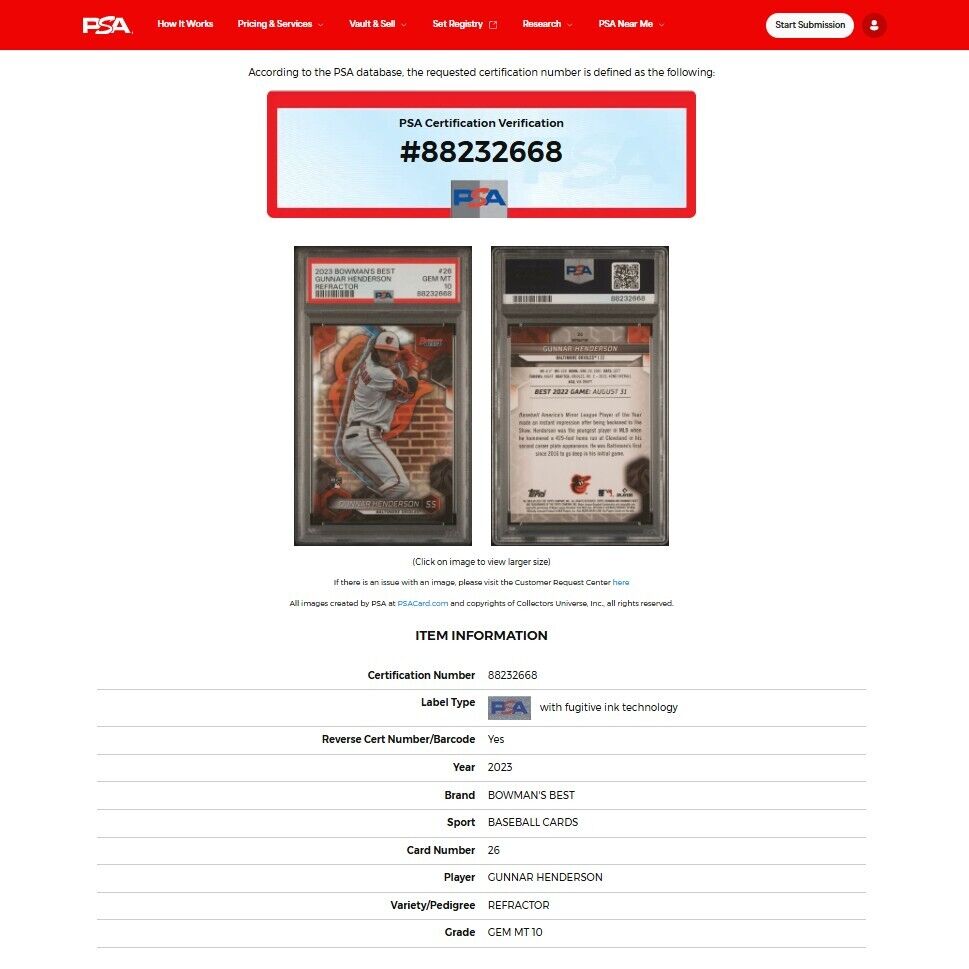 2023 Bowman's Best GUNNAR HENDERSON Silver Refractor Rookie RC PSA 10 GEM MINT