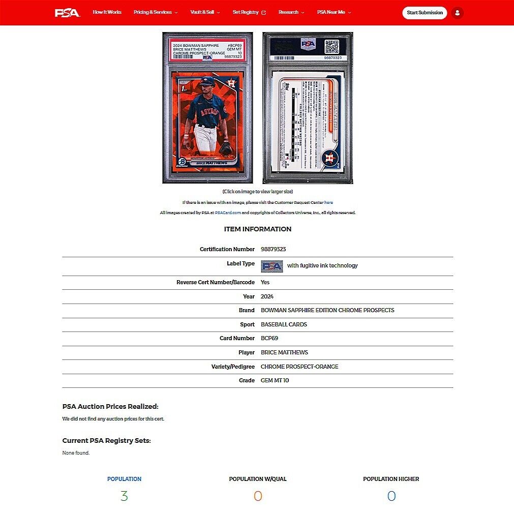 2024 Bowman Chrome Sapphire BRICE MATTHEWS 1st SP Orange Refractor RC /25 PSA 10