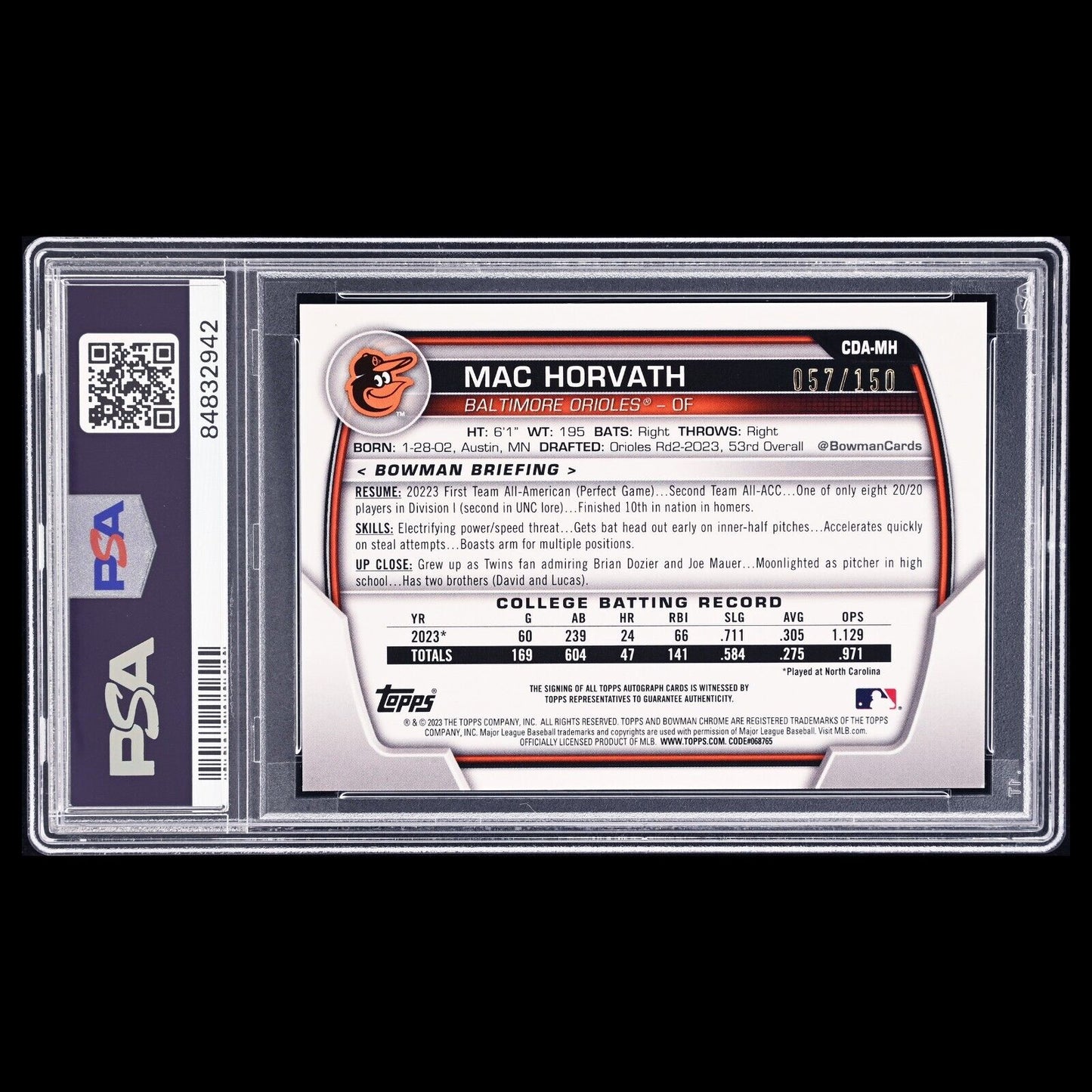 2023 Bowman Draft MAC HORVATH HTA Choice Mojo 1st Refractor Rookie RC /150 PSA 9