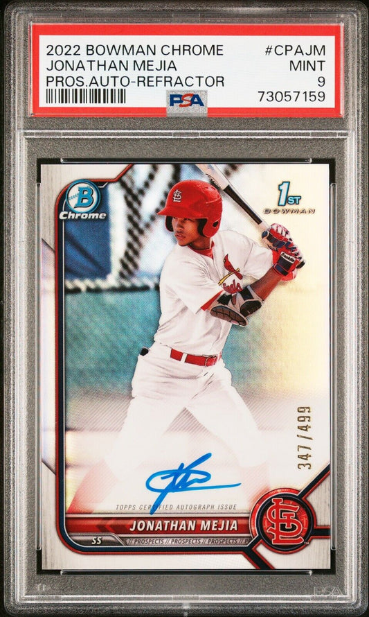 2022 1st Bowman Chrome Prospects JONATHAN MEJIA MLB Refractor Auto /499 PSA 9