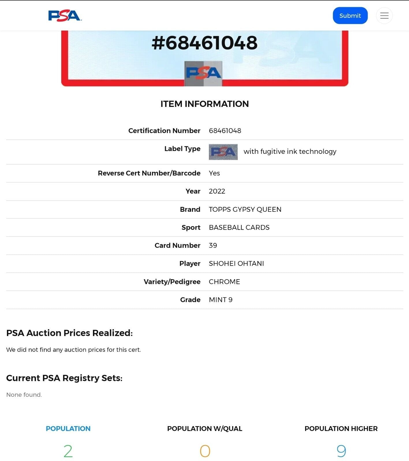 2022 Topps Gypsy Queen GQ SHOHEI OHTANI MLB Angels Chrome Card #39 PSA 9 MINT