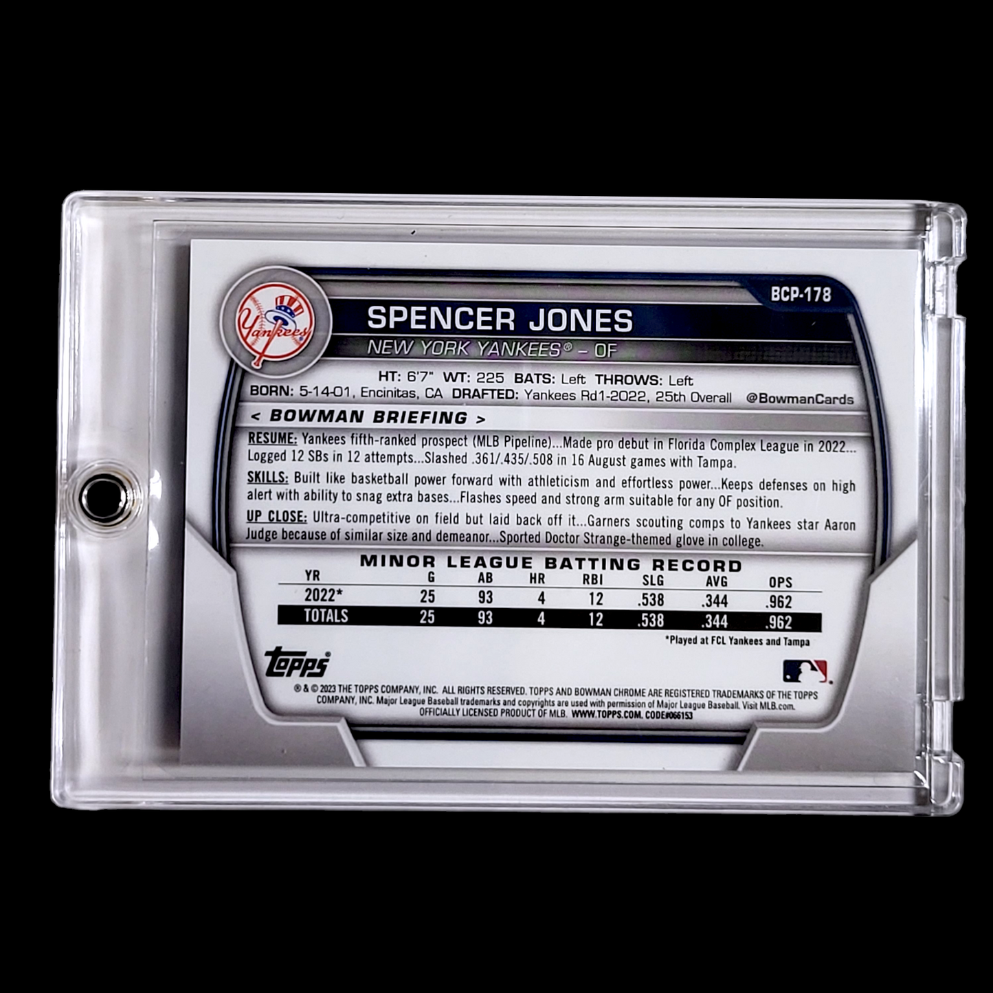 2023 Bowman Chrome Sapphire SPENCER JONES SSP Purple Variation Prospect RC /25