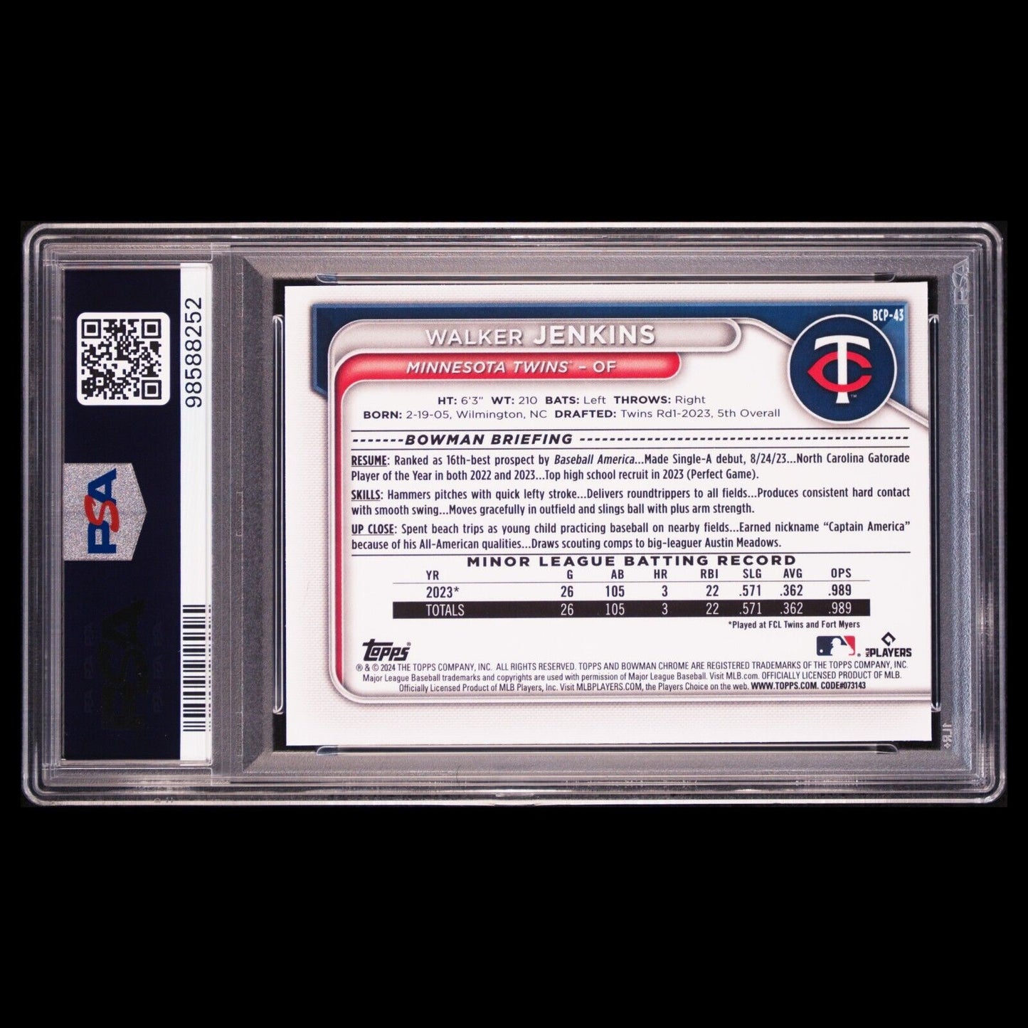 2024 Bowman Chrome Sapphire WALKER JENKINS 1st Bowman Refractor Rookie RC PSA 10