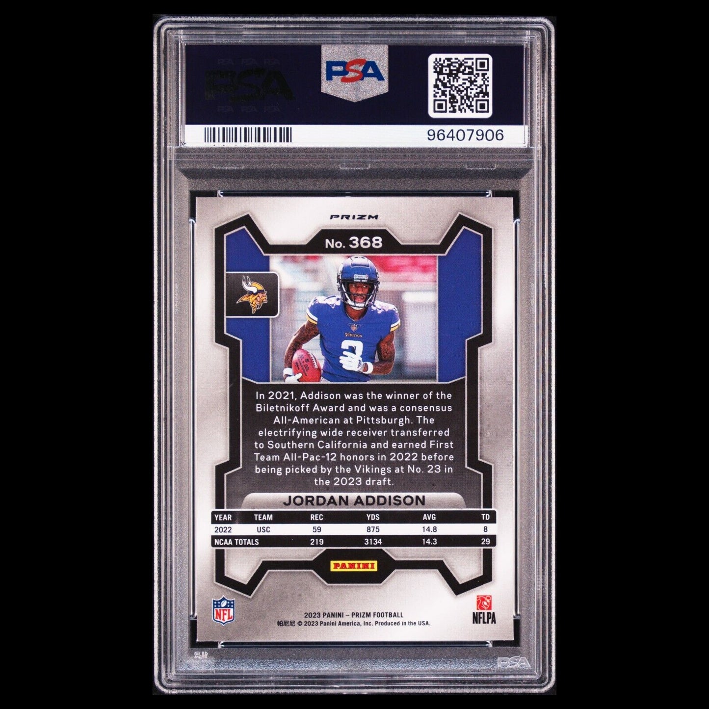2023 Panini Prizm JORDAN ADDISON Vikings SP Red White Blue PRIZM Rookie RC PSA 9