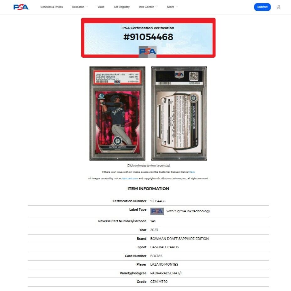 2023 Bowman Draft Sapphire LAZARO MONTES Pink Padparadscha 1/1 Rookie PSA 10 GEM