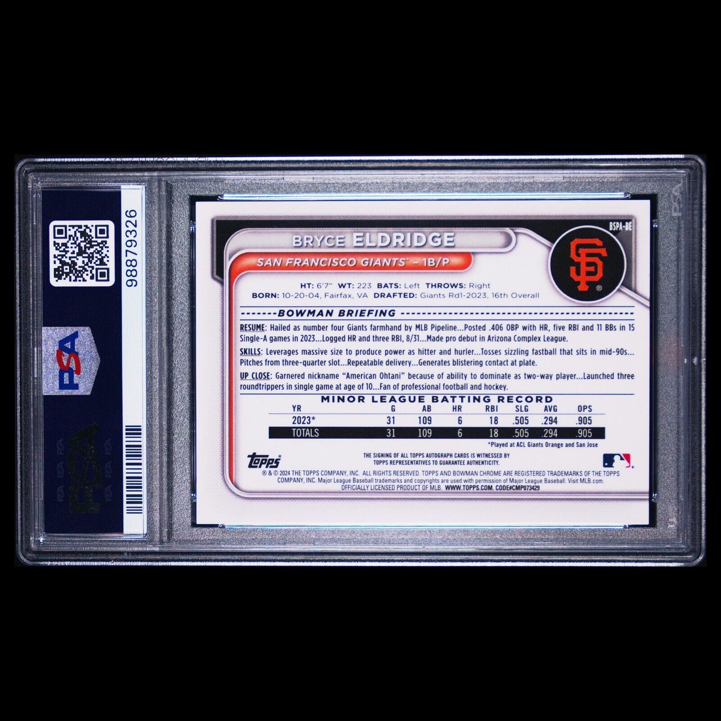 2024 Bowman Sapphire BRYCE ELDRIDGE SP Green Refractor On Card Auto /99 PSA 9