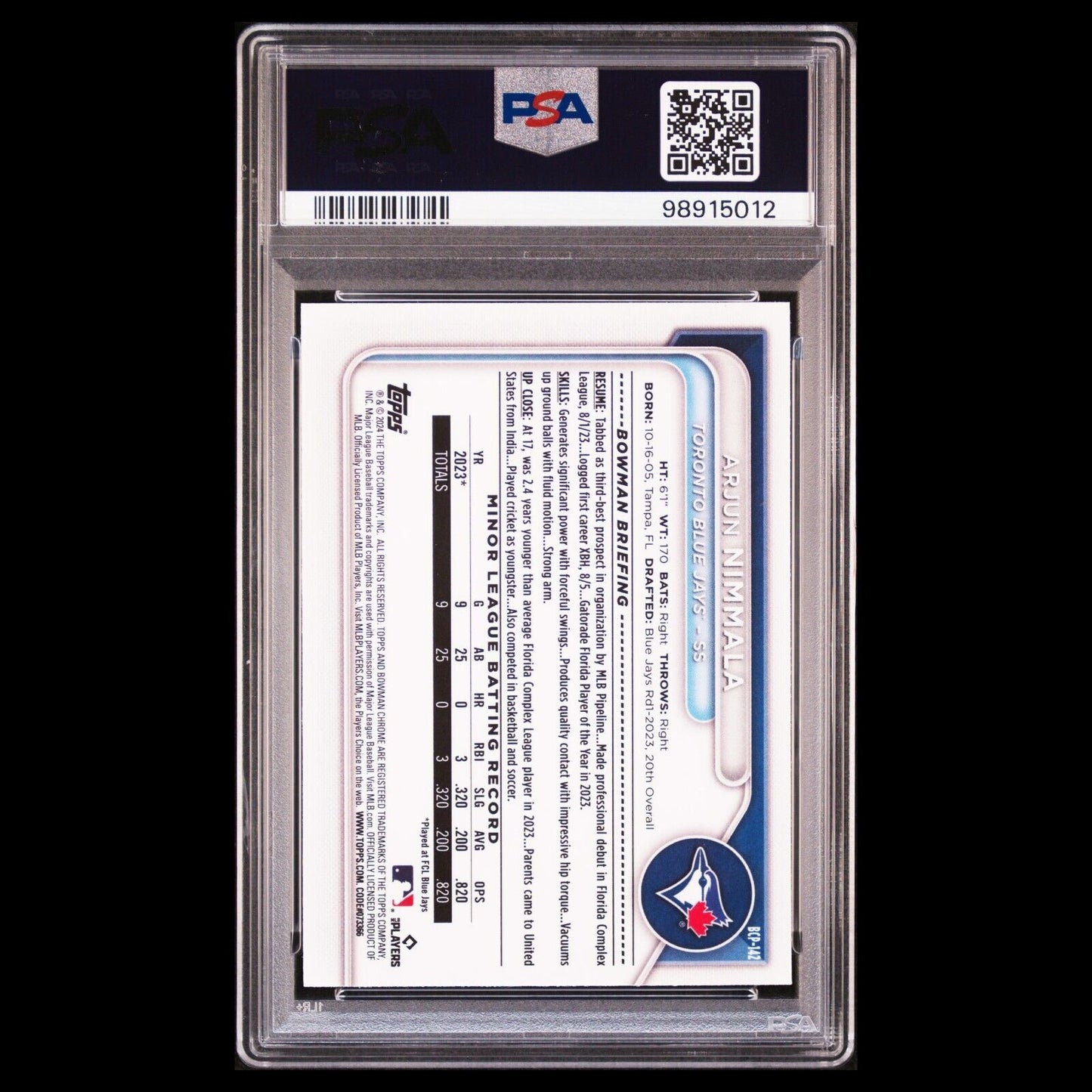 2024 Bowman Chrome ARJUN NIMMALA 1st True Bowman Mojo Refractor Rookie RC PSA 10