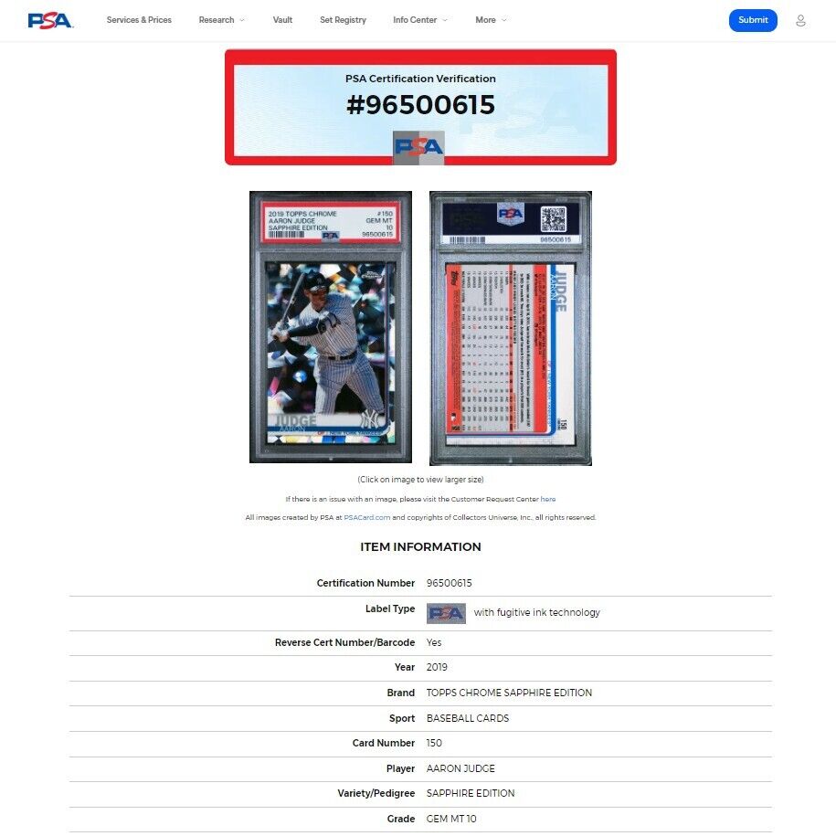 2019 Topps Chrome Sapphire Edition AARON JUDGE Sapphire Refractor PSA 10 GEM