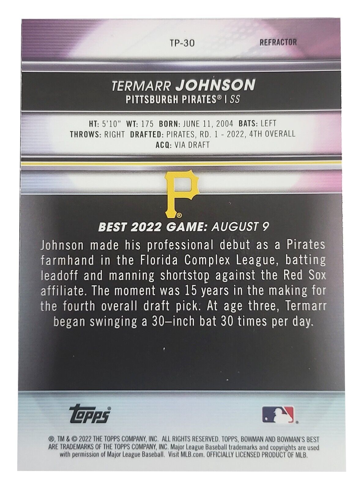 2022 Bowmans Best TERMARR JOHNSON MLB Pirates Silver Refractor Rookie RC TP-30