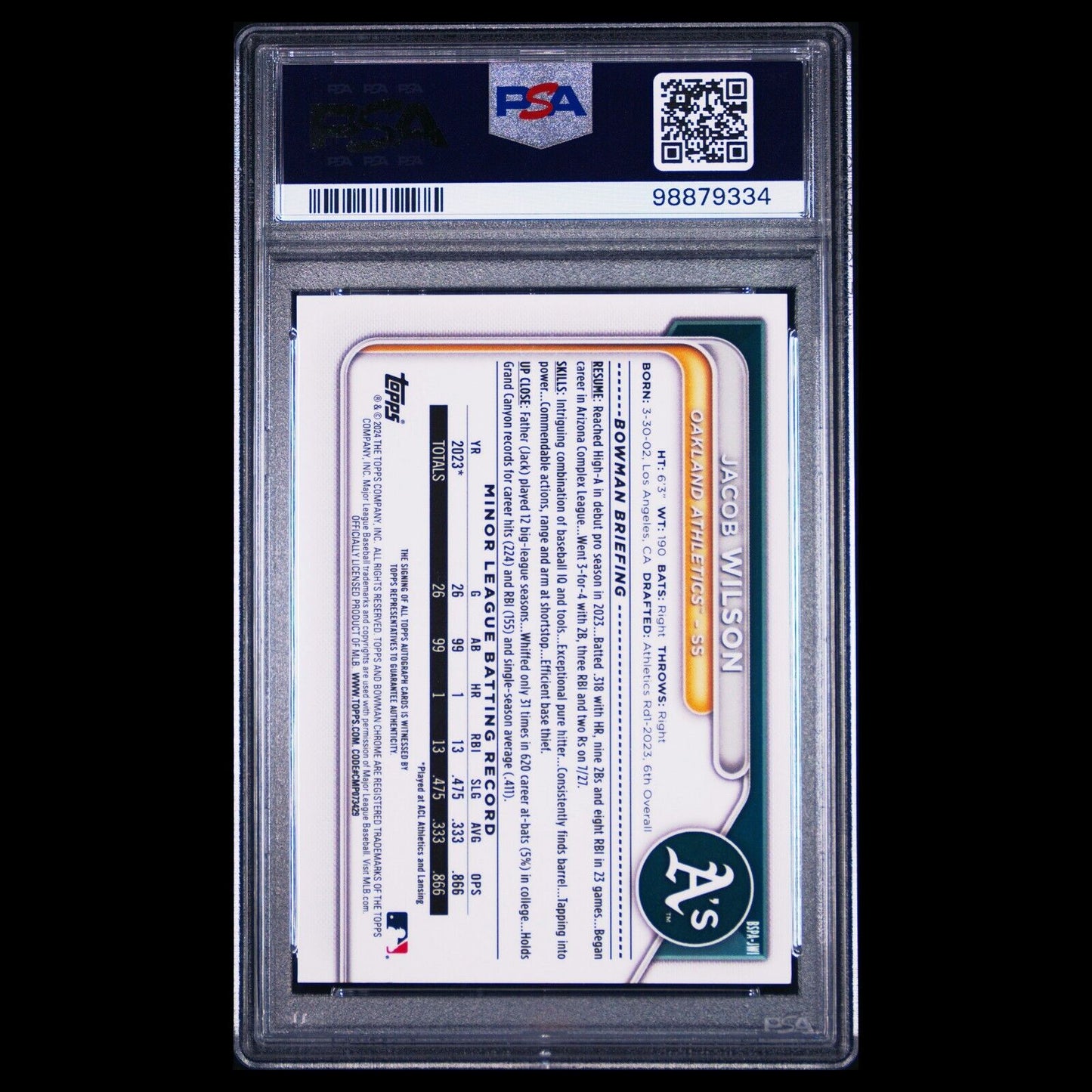 2024 Bowman Chrome Sapphire JACOB WILSON SSP Orange On-Card Auto /25 RC PSA 10