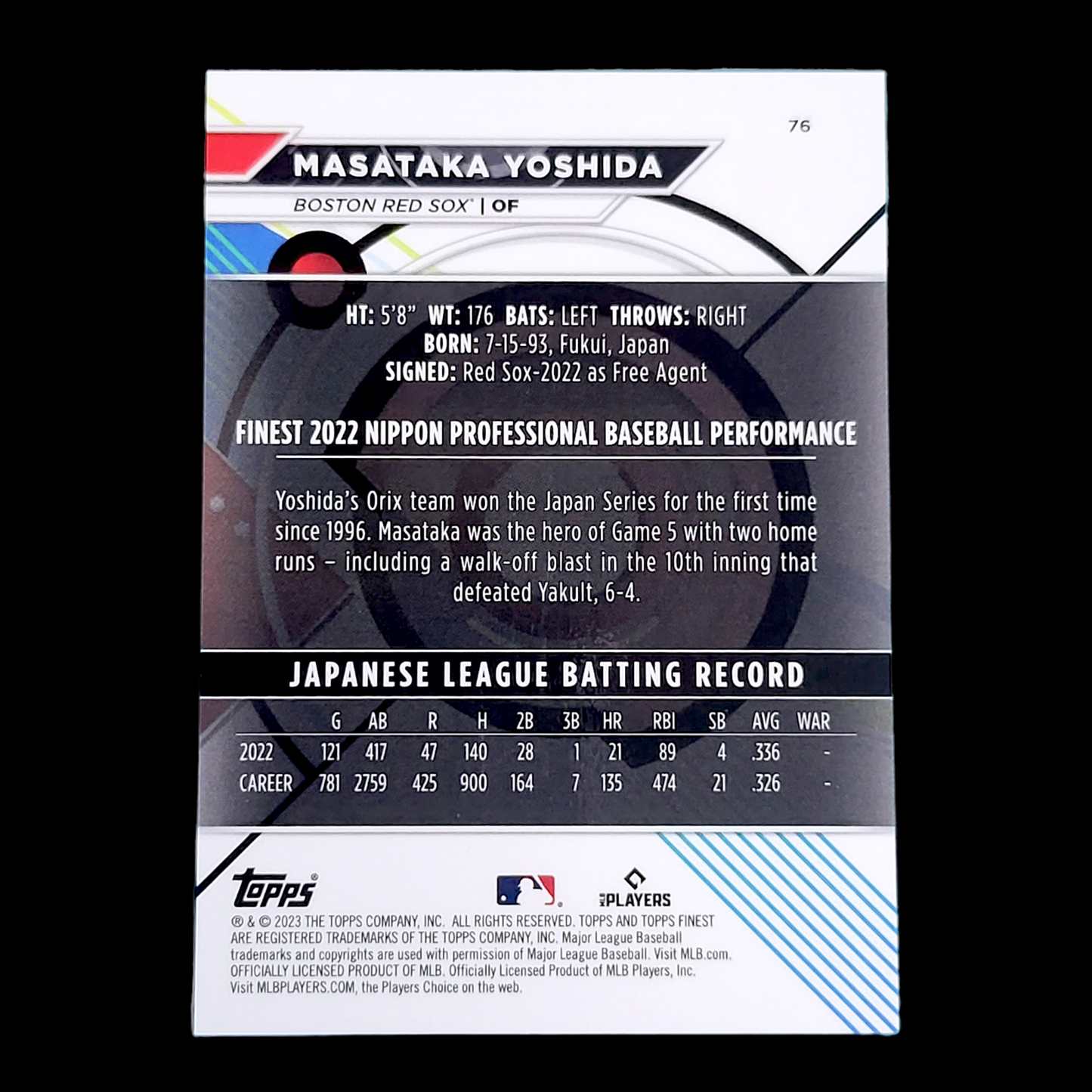 2023 Topps Finest MASATAKA YOSHIDA Boston Red Sox Chrome Rookie Card RC #76