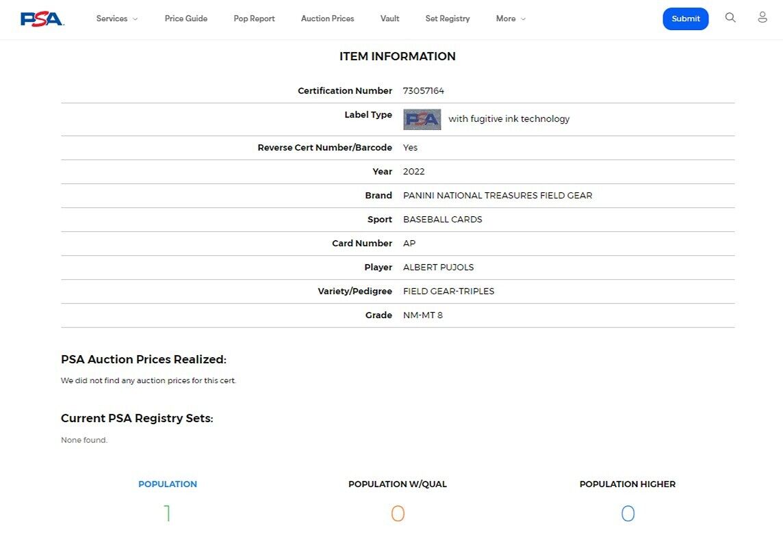 2022 National Treasures ALBERT PUJOLS MLB Field Gear SSP Triple Relic /10 PSA 8