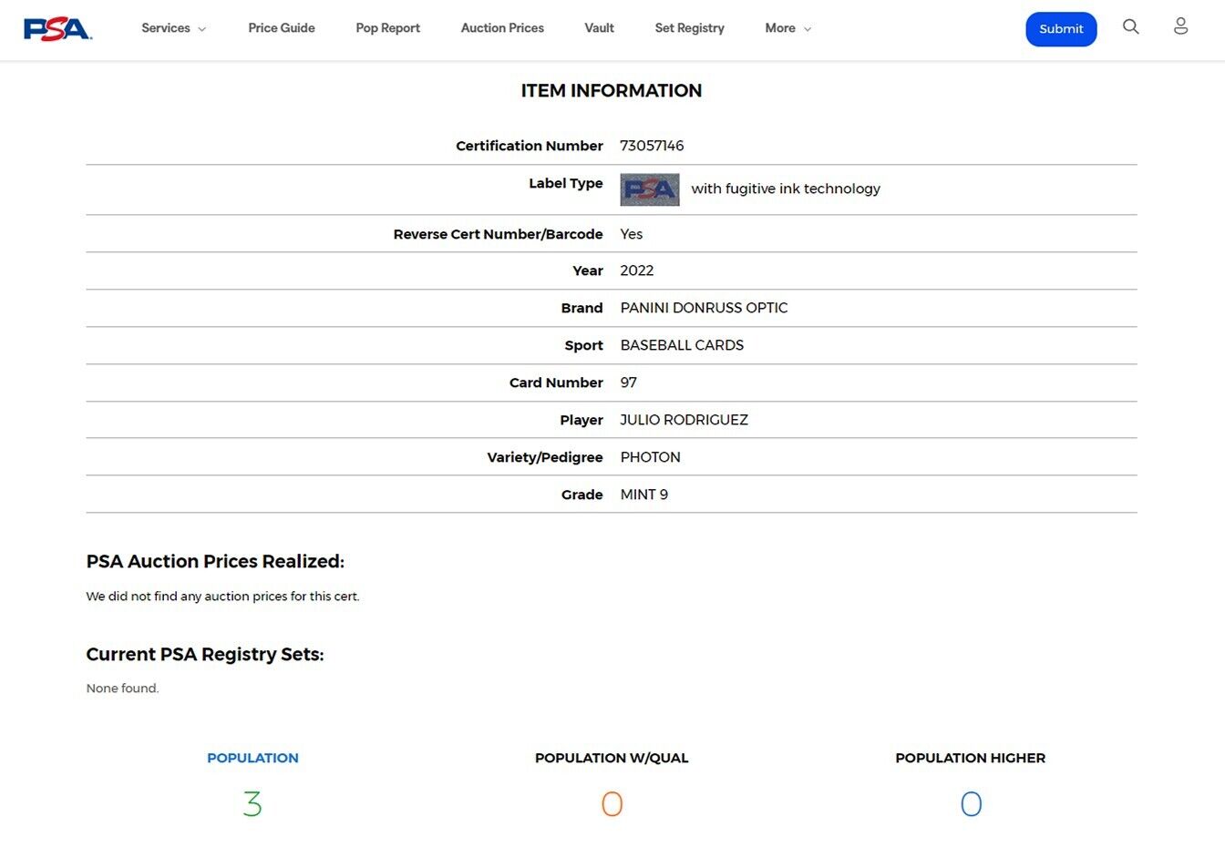 2022 Donruss Optic JULIO RODRIGUEZ MLB Rated Rookie Photon Prizm RC SSP PSA 9