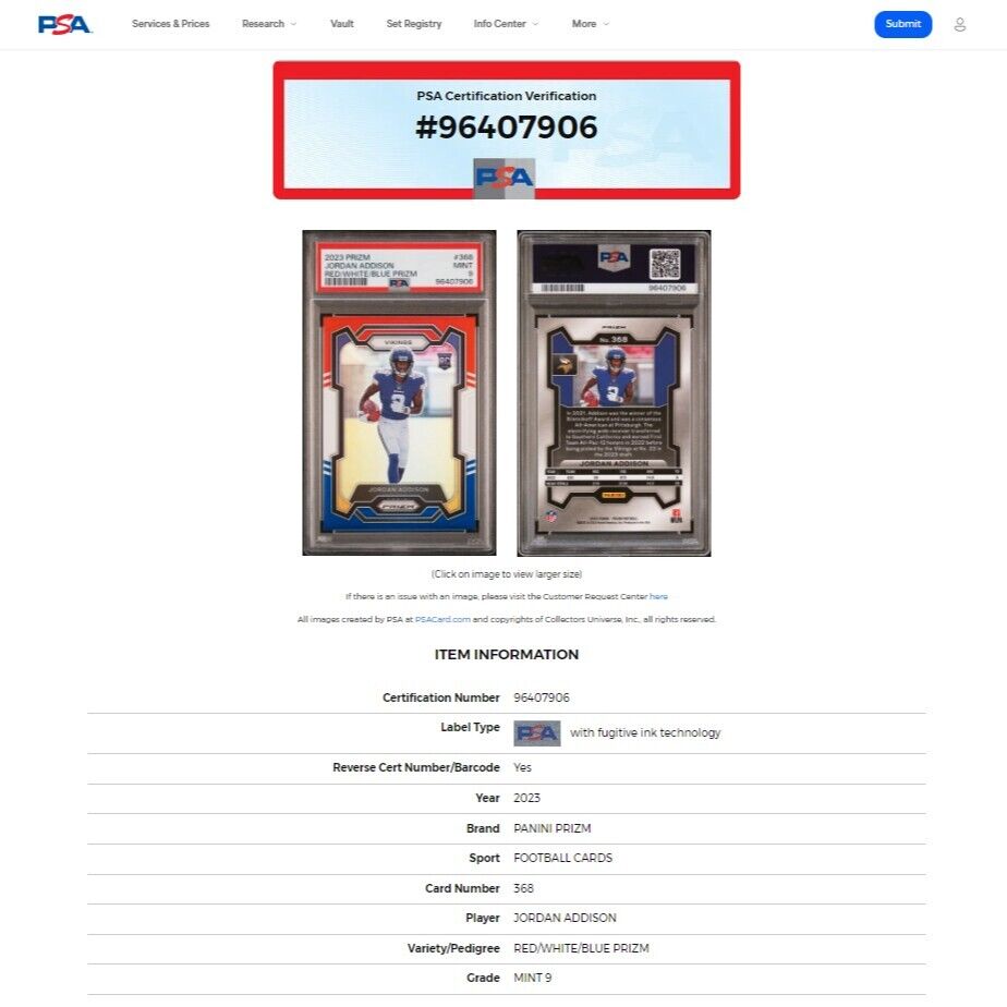 2023 Panini Prizm JORDAN ADDISON Vikings SP Red White Blue PRIZM Rookie RC PSA 9