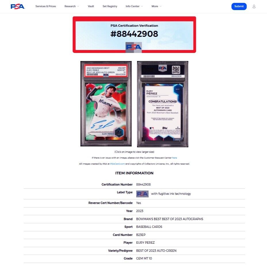 2023 Bowman's Best EURY PEREZ SP Green Refractor On Card Auto RC /99 PSA 10