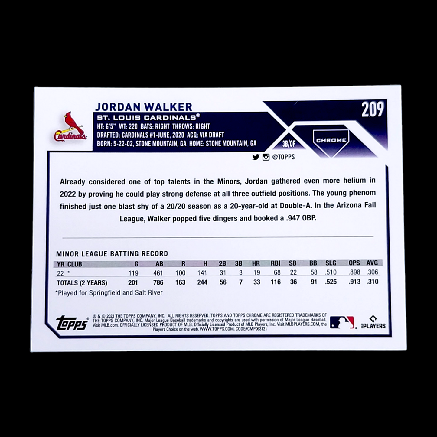2023 Topps Chrome JORDAN WALKER MLB Cardinals Flagship Rookie Card RC #209