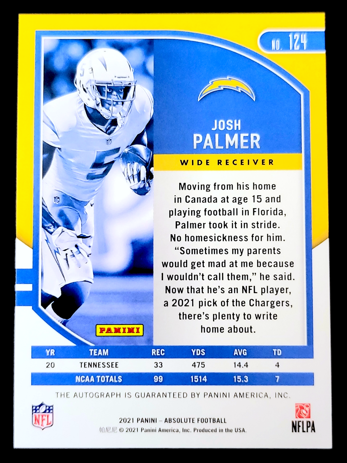 2021 Panini Absolute JOSH PALMER NFL San Diego Chargers SP Rookie RC Auto #124