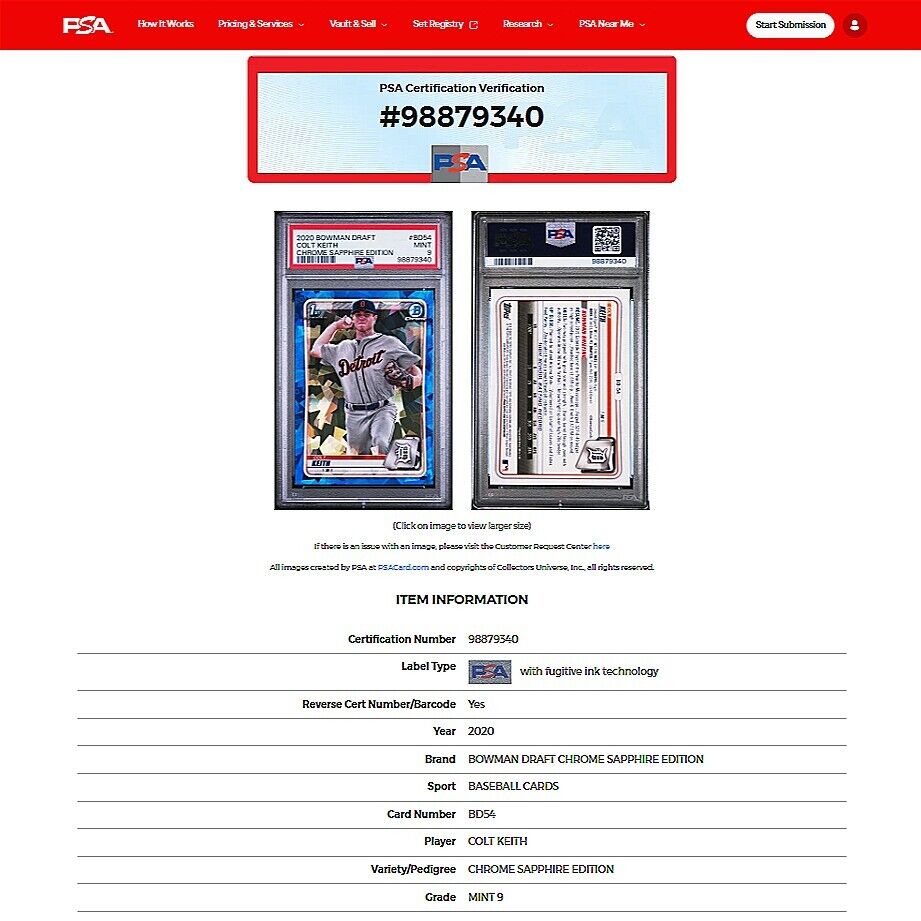 2020 Bowman Draft Sapphire COLT KEITH 1st Blue Sapphire Refractor Rookie PSA 9