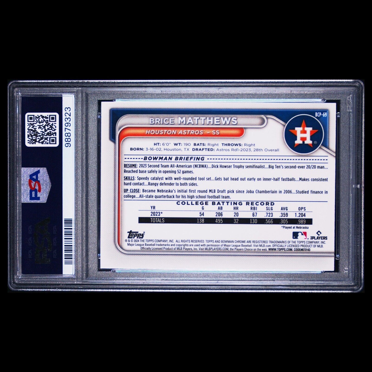 2024 Bowman Chrome Sapphire BRICE MATTHEWS 1st SP Orange Refractor RC /25 PSA 10