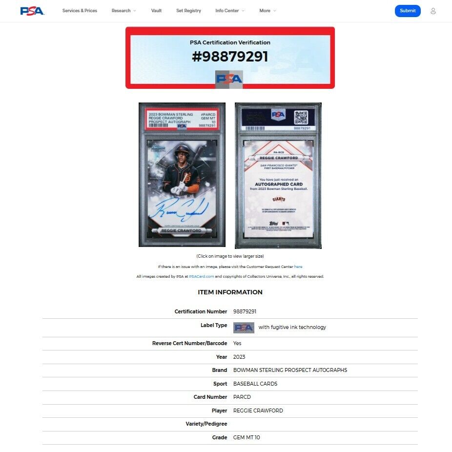 2023 Bowman Sterling REGGIE CRAWFORD Giants On Card Rookie Auto PSA 10 GEM