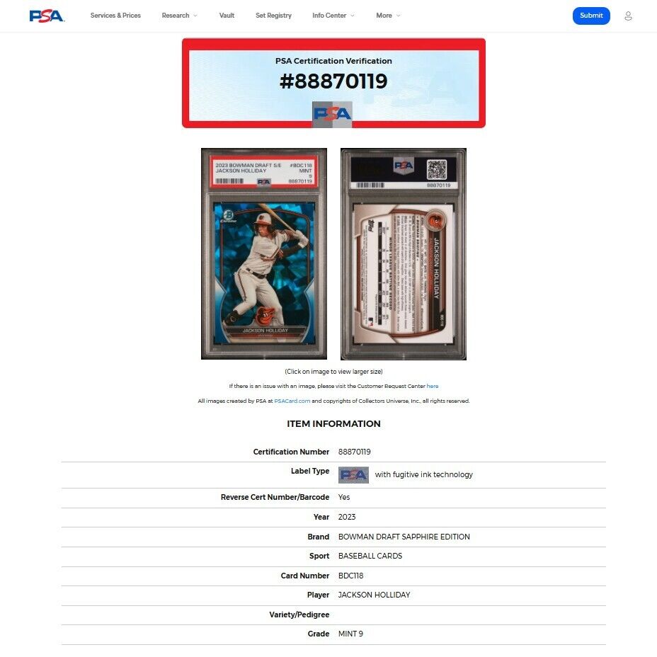 2023 Bowman Draft Sapphire JACKSON HOLLIDAY Blue Refractor Rookie Card RC PSA 9