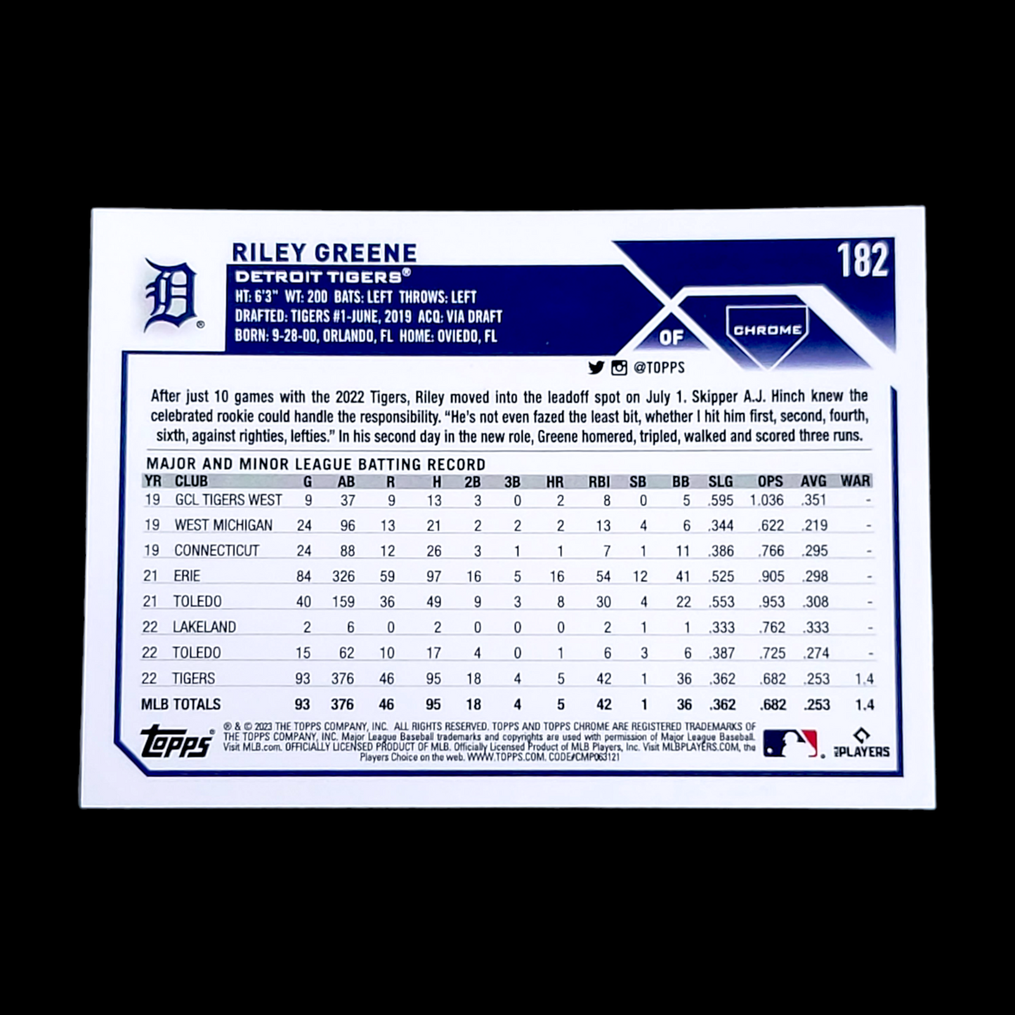 2023 Topps Chrome RILEY GREENE MLB Detroit Tigers Flagship Rookie Card RC #182
