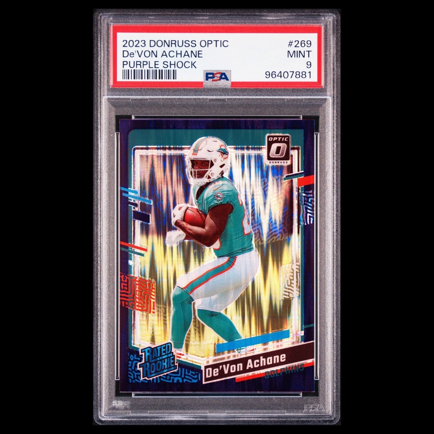 2023 Donruss Optic DE'VON ACHANE Miami SP Purple Shock PRIZM Rated Rookie PSA 9