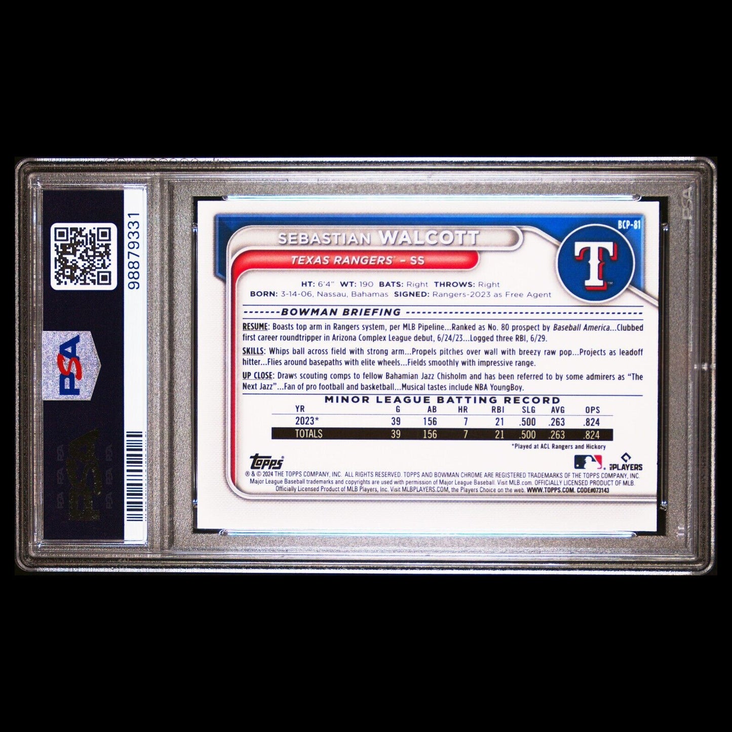 2024 Bowman Chrome Sapphire SEBASTIAN WALCOTT Yellow Refractor SP RC /75 PSA 10