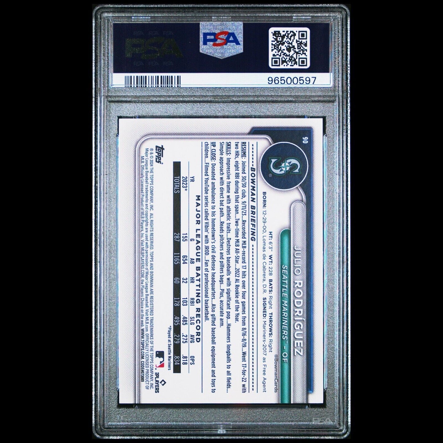 2024 Bowman JULIO RODRIGUEZ Mariners SP Orange Parallel /25 PSA 10 GEM MINT POP1