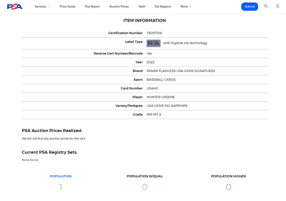 2022 Flawless HUNTER GREENE MLB USA Gems Sapphire Signatures On Card Auto PSA 8