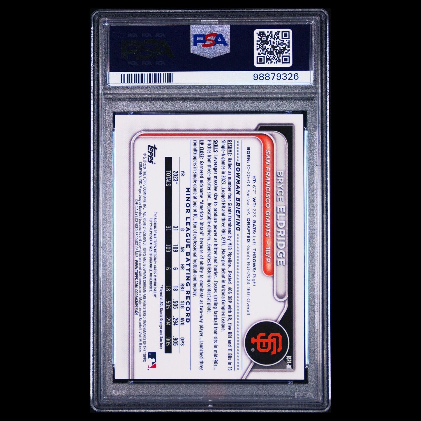 2024 Bowman Sapphire BRYCE ELDRIDGE SP Green Refractor On Card Auto /99 PSA 9