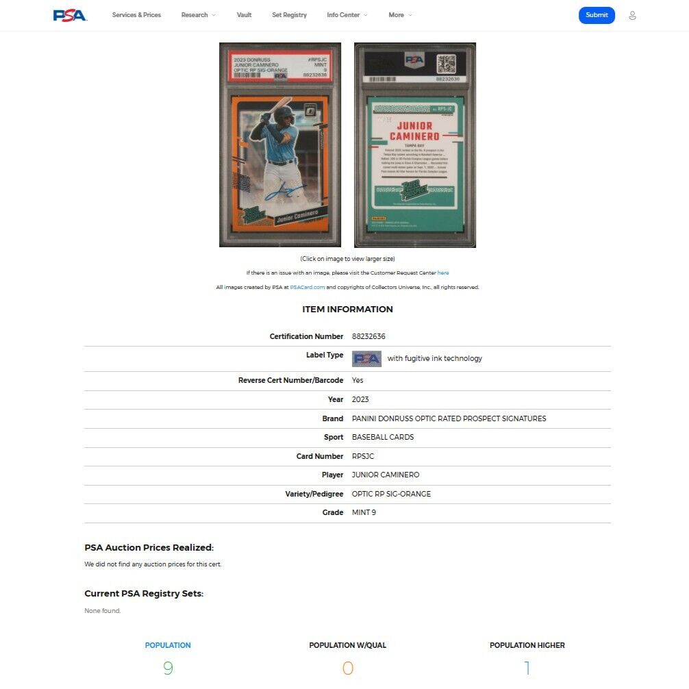 2023 Donruss Optic JUNIOR CAMINERO SP Orange PRIZM Rated Prospect Auto /85 PSA 9