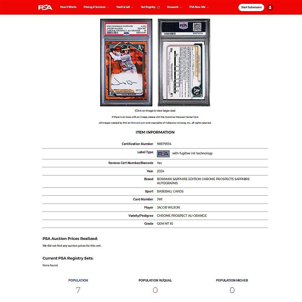 2024 Bowman Chrome Sapphire JACOB WILSON SSP Orange On-Card Auto /25 RC PSA 10