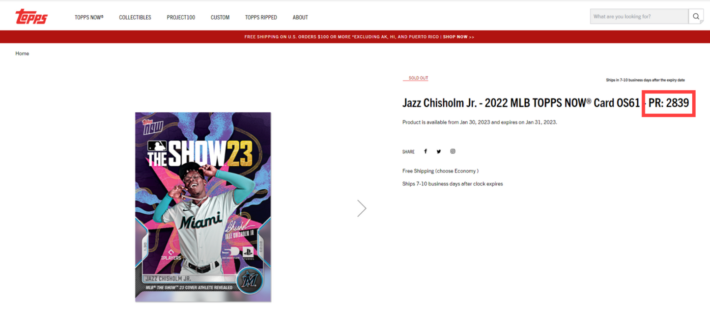2023 Topps Now Off-Season JAZZ CHISHOLM MLB the Show 23 Cover Athlete #OS-61