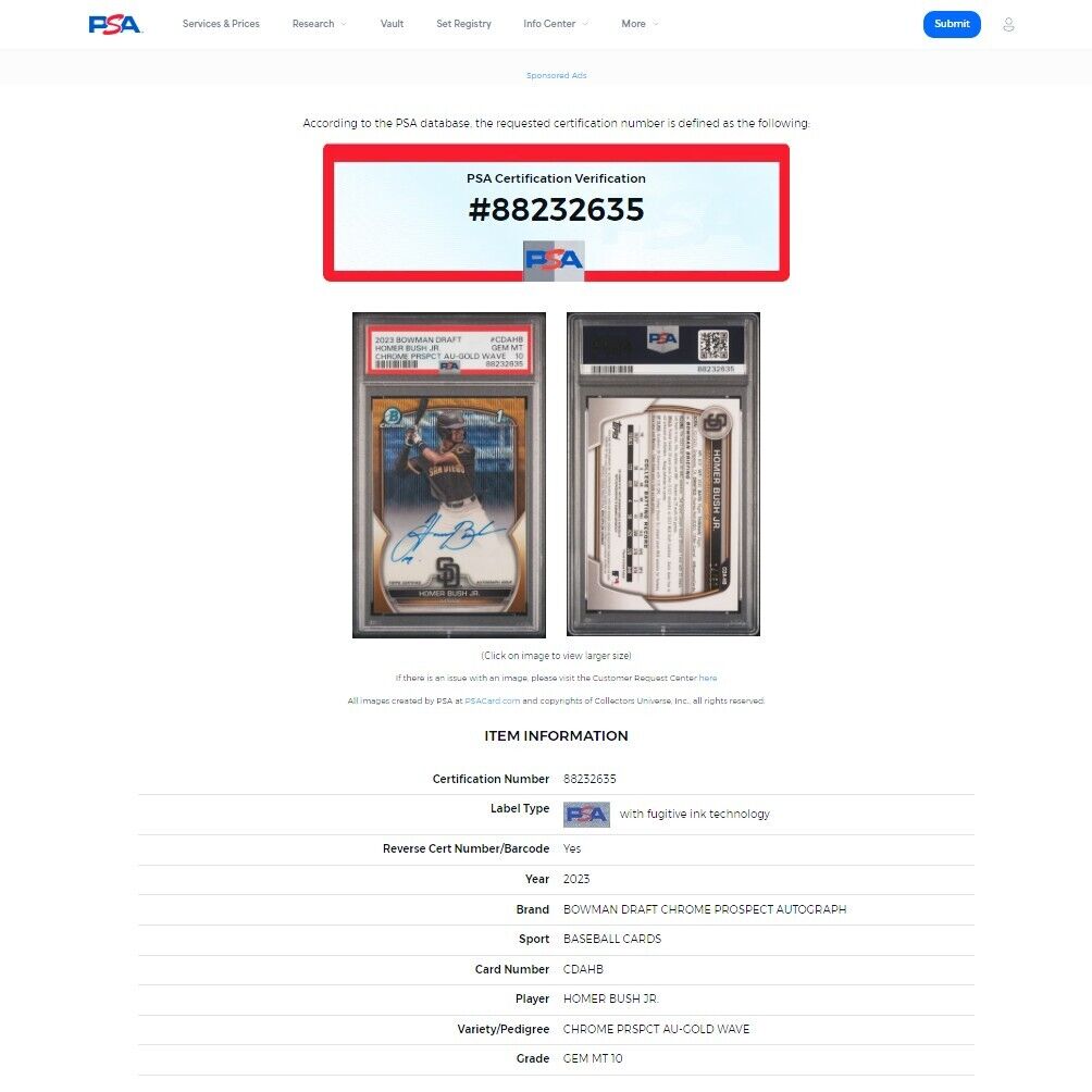 2023 Bowman Draft 1st HOMER BUSH JR. SP Gold Wave Refractor Auto /50 PSA 10