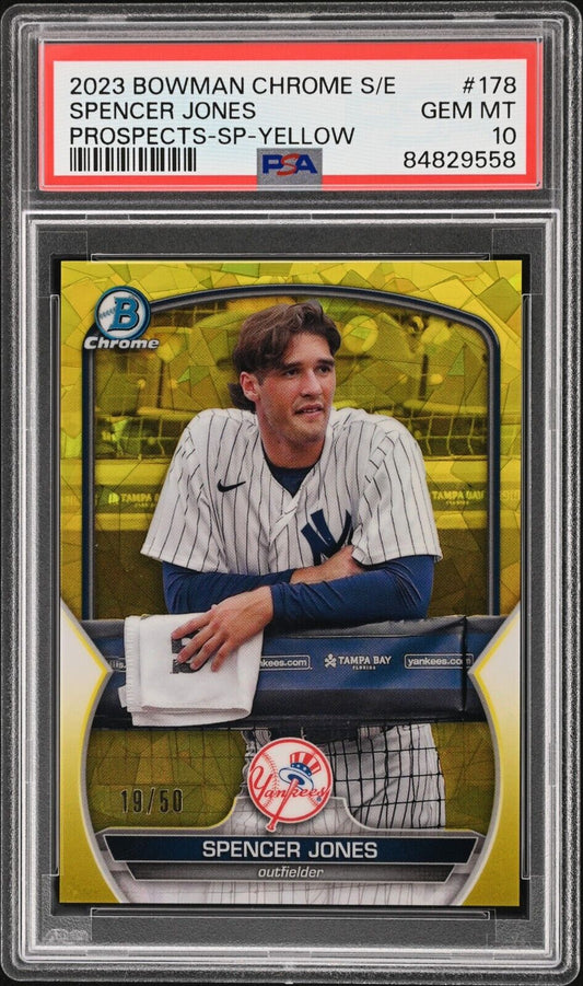 2023 Bowman Chrome Sapphire SPENCER JONES Yellow SP Variation /50 PSA 10