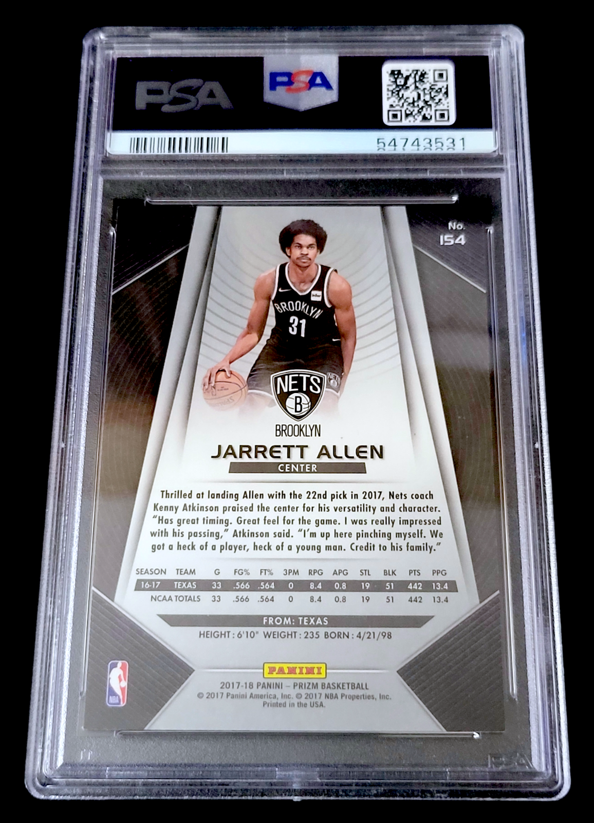 2017-18 Panini Prizm JARRETT ALLEN NBA Brooklyn Nets Rookie RC #154 PSA 9 MINT