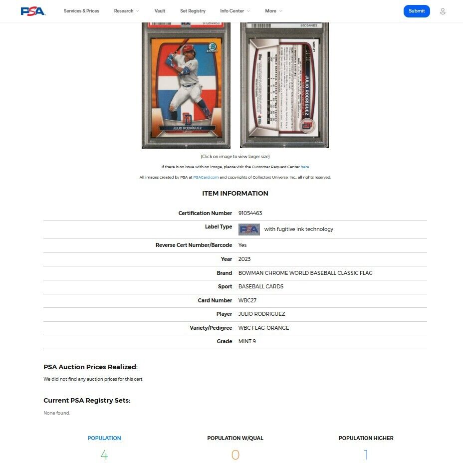 2023 Bowman Chrome JULIO RODRIGUEZ WBC Flag SSP True Orange Refractor /25 PSA 9