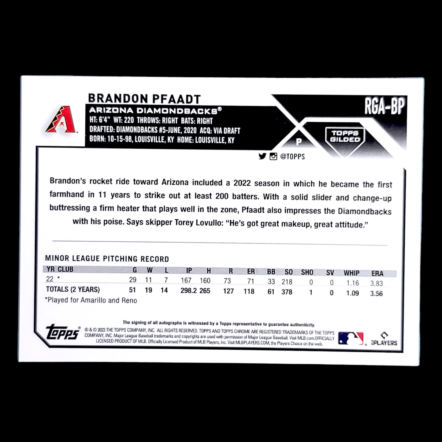 2023 Topps Gilded BRANDON PFAADT Cast In Gold Rookie Refractor Auto /199 #RGA-BP