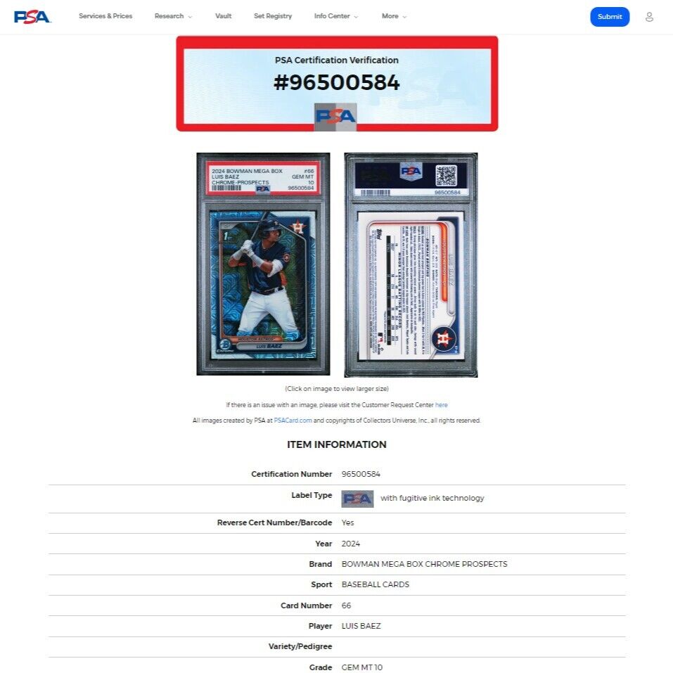 2024 Bowman Chrome LUIS BAEZ Astros SP 1st True Bowman Mojo Refractor RC PSA 10