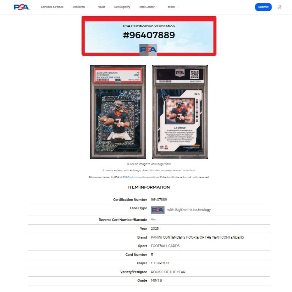 2023 Panini Contenders CJ STROUD Rookie of the Year Card PSA 9 MINT #5