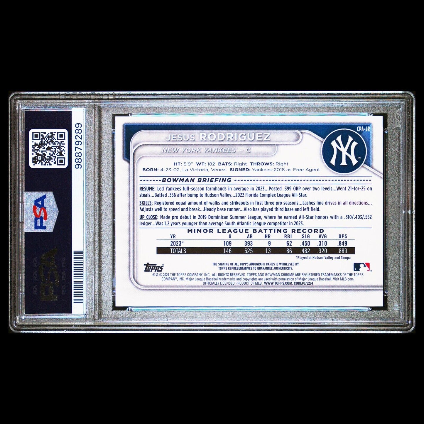 2024 Bowman Chrome JESUS RODRIGUEZ 1st Green Refractor On-Card Auto /99 PSA 10