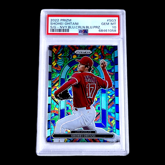 2022 Prizm SHOHEI OHTANI Stained Glass Navy Carolina Blue SSP Hot Box PSA 10 GEM