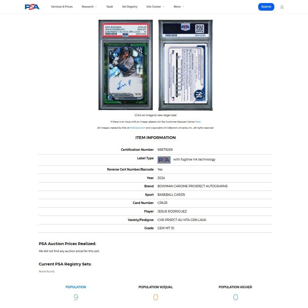 2024 Bowman Chrome JESUS RODRIGUEZ 1st Green Refractor On-Card Auto /99 PSA 10