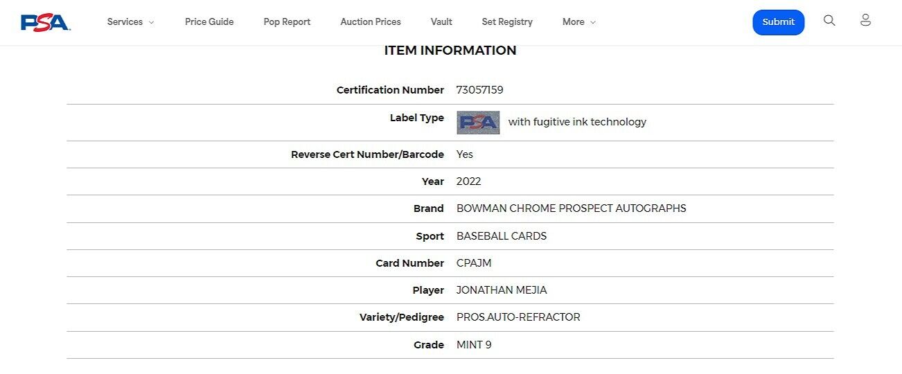 2022 1st Bowman Chrome Prospects JONATHAN MEJIA MLB Refractor Auto /499 PSA 9
