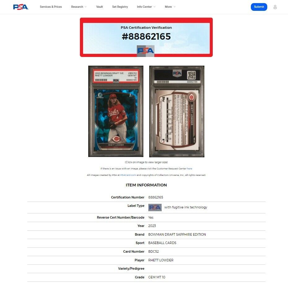 2023 Bowman Draft Sapphire RHETT LOWDER 1st True Bowman Rookie Card RC PSA 10