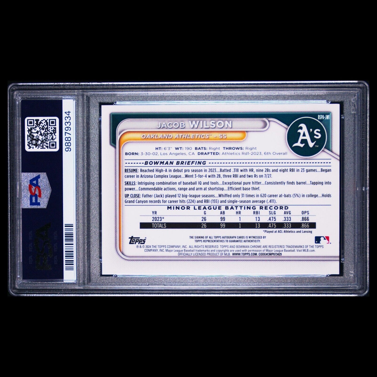 2024 Bowman Chrome Sapphire JACOB WILSON SSP Orange On-Card Auto /25 RC PSA 10
